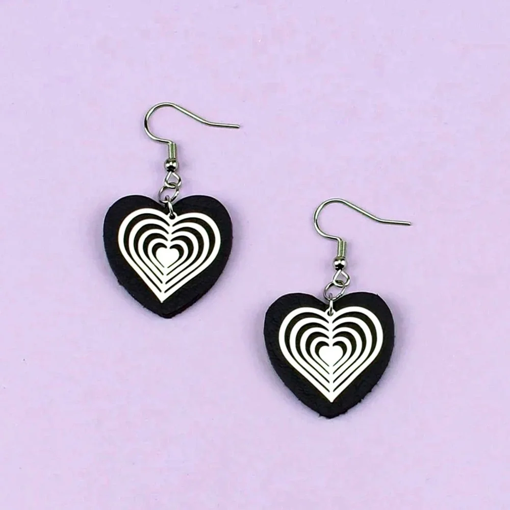 Black Foam Hearts w/Silver Laser Cut Overlay Drop Earrings